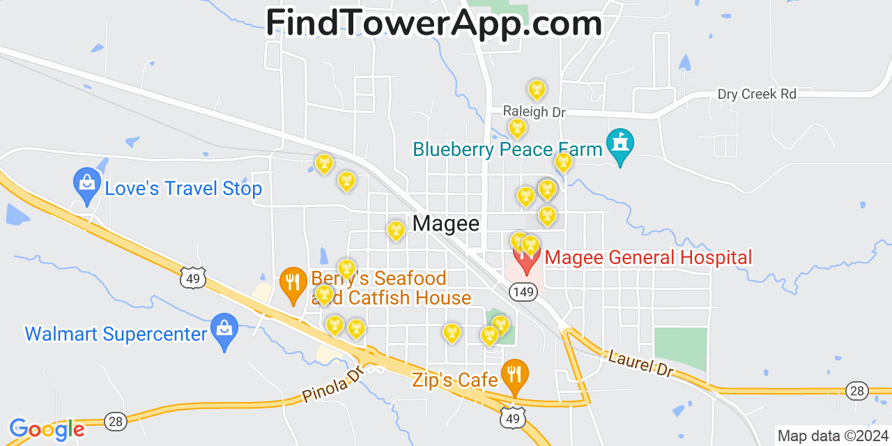 AT&T 4G/5G cell tower coverage map Magee, Mississippi