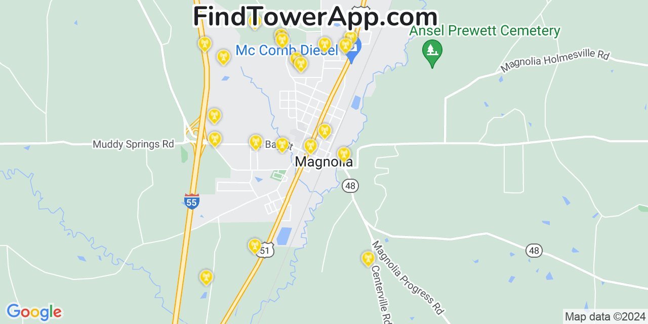 AT&T 4G/5G cell tower coverage map Magnolia, Mississippi