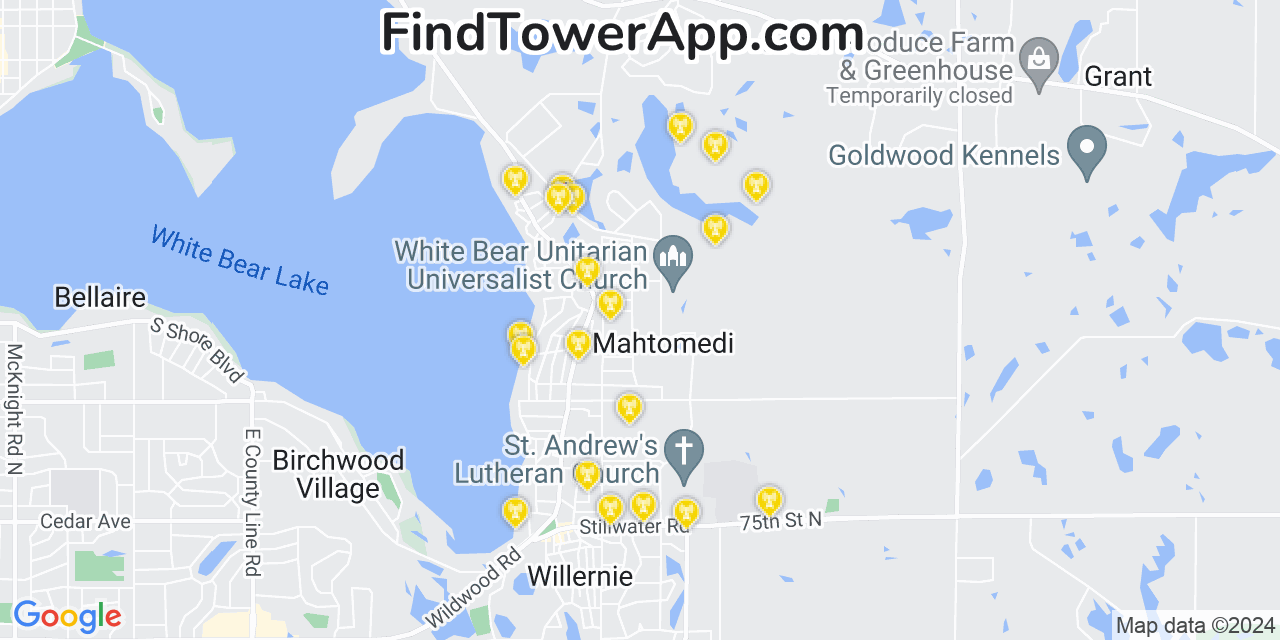AT&T 4G/5G cell tower coverage map Mahtomedi, Minnesota