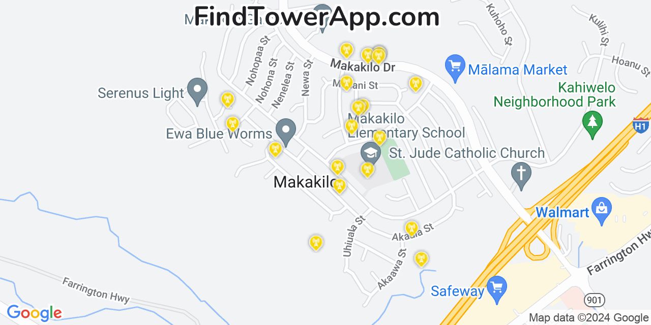 AT&T 4G/5G cell tower coverage map Makakilo, Hawaii
