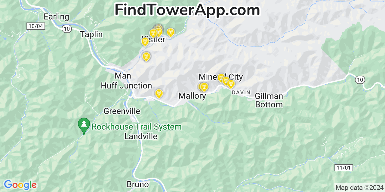 AT&T 4G/5G cell tower coverage map Mallory, West Virginia