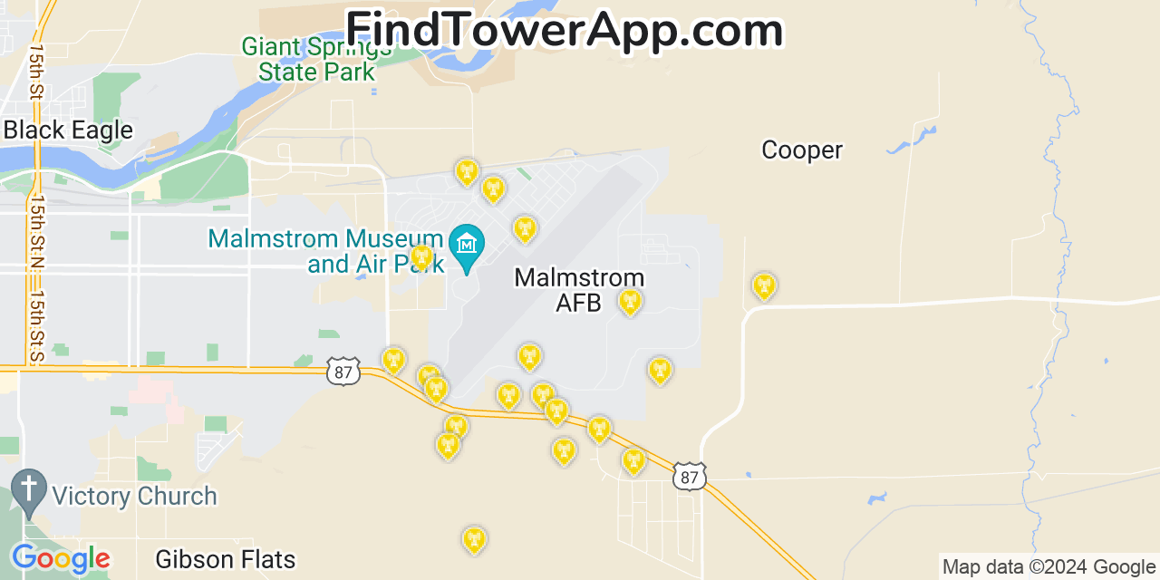 AT&T 4G/5G cell tower coverage map Malmstrom Air Force Base, Montana