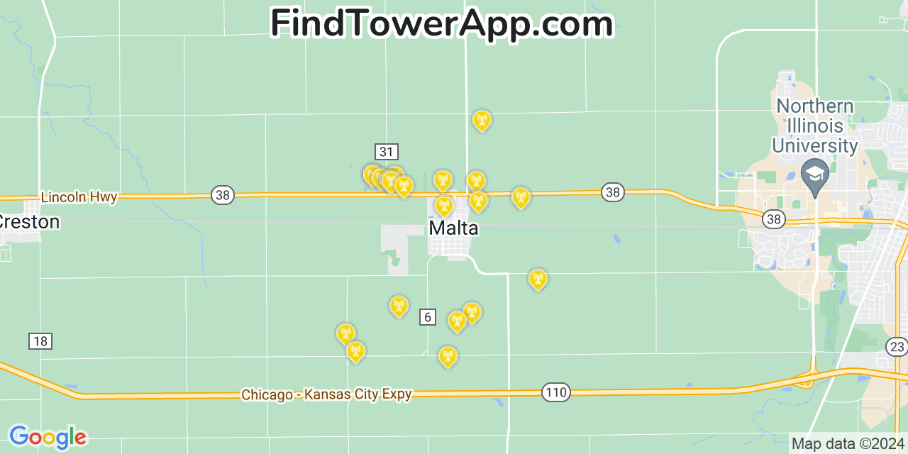 Verizon 4G/5G cell tower coverage map Malta, Illinois