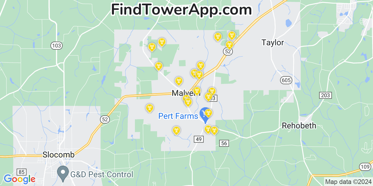 AT&T 4G/5G cell tower coverage map Malvern, Alabama