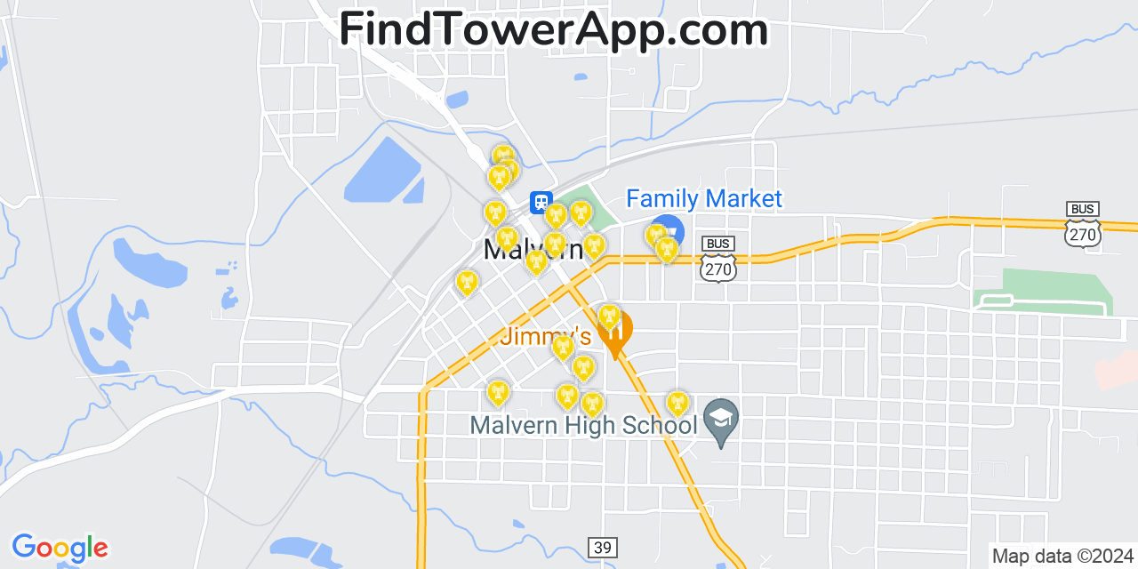 AT&T 4G/5G cell tower coverage map Malvern, Arkansas