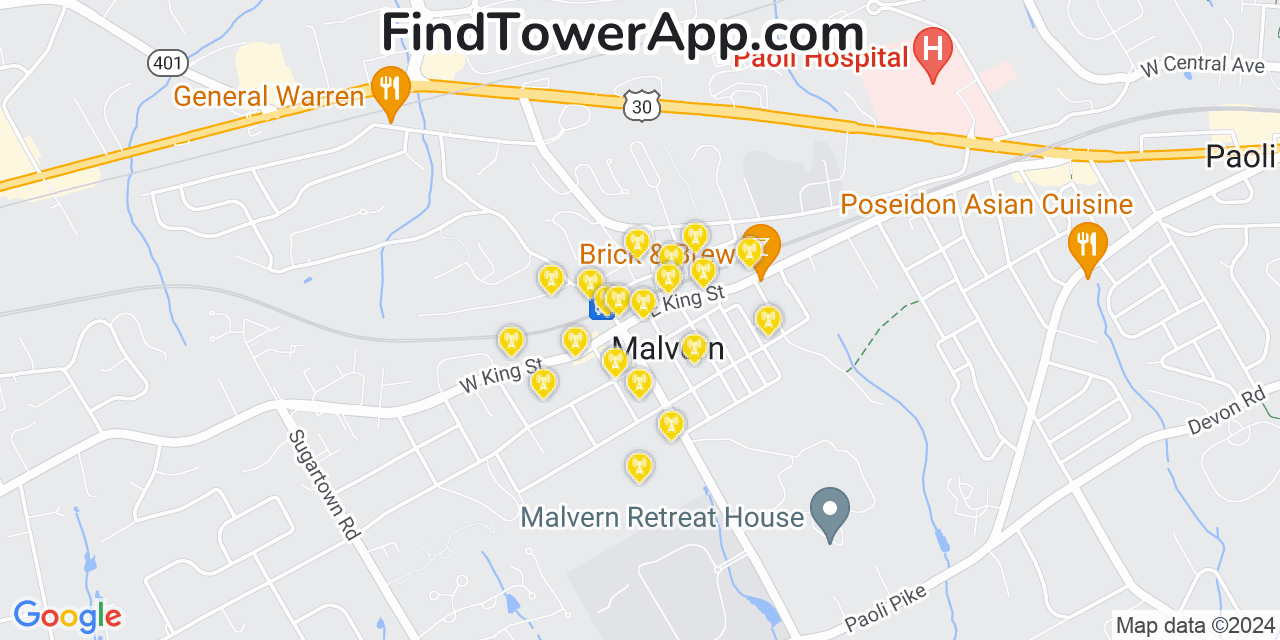AT&T 4G/5G cell tower coverage map Malvern, Pennsylvania