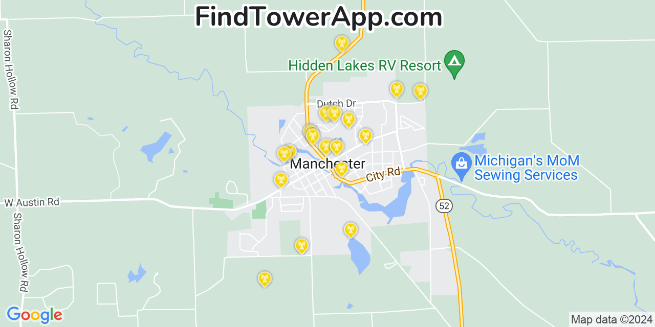AT&T 4G/5G cell tower coverage map Manchester, Michigan