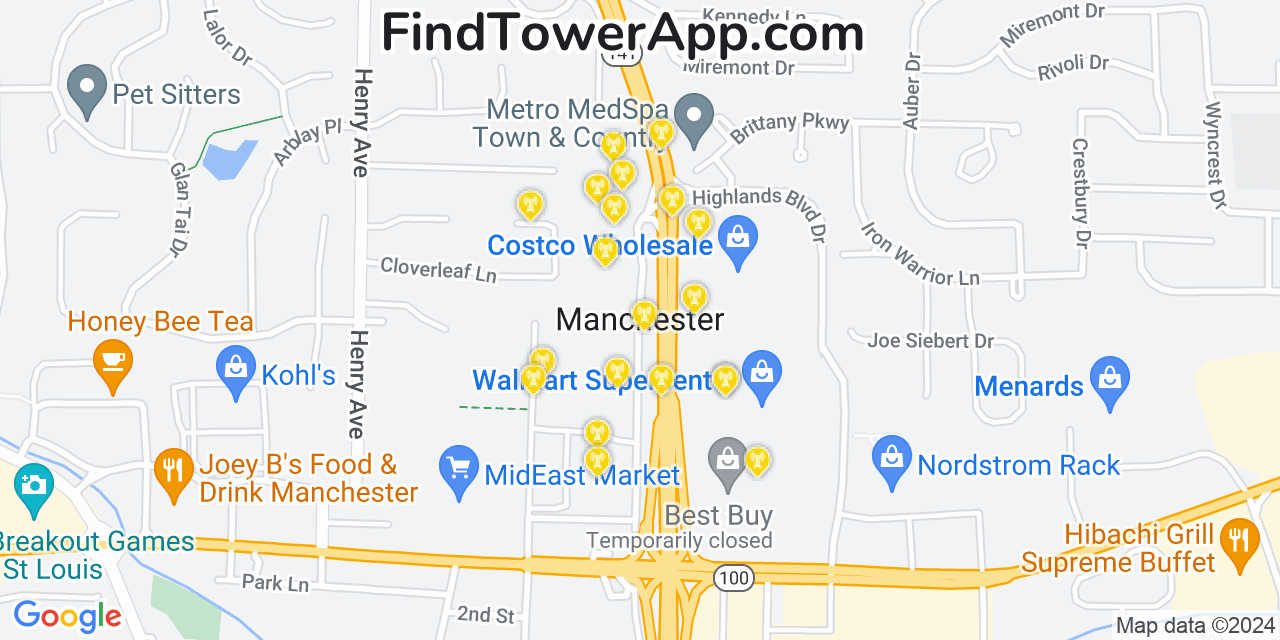 AT&T 4G/5G cell tower coverage map Manchester, Missouri
