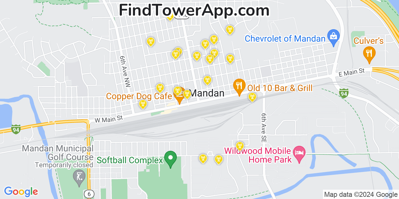 AT&T 4G/5G cell tower coverage map Mandan, North Dakota