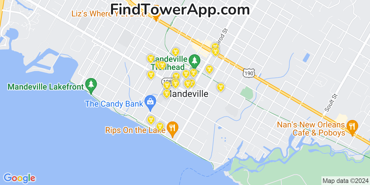 AT&T 4G/5G cell tower coverage map Mandeville, Louisiana