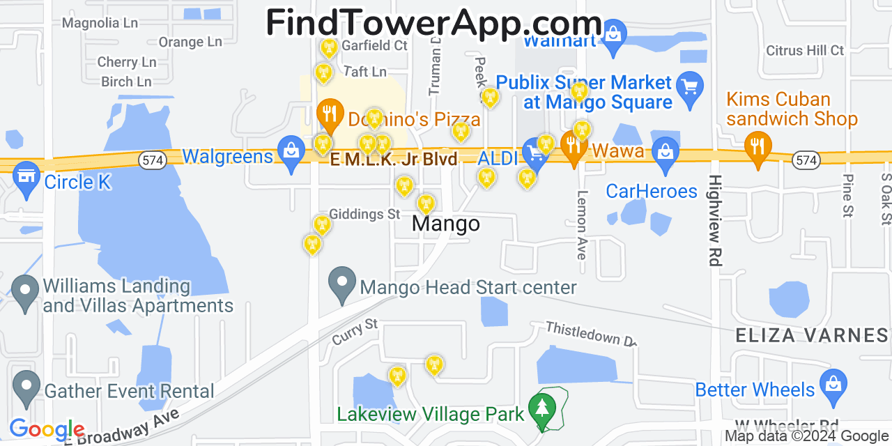 Verizon 4G/5G cell tower coverage map Mango, Florida