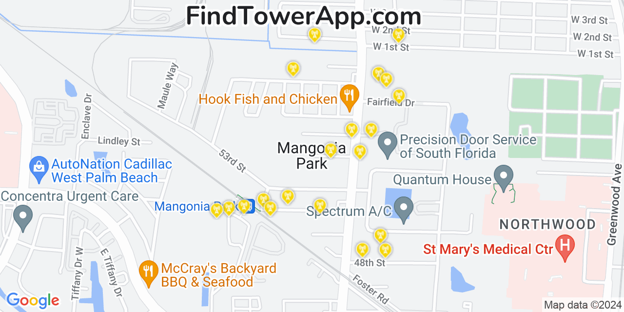 AT&T 4G/5G cell tower coverage map Mangonia Park, Florida