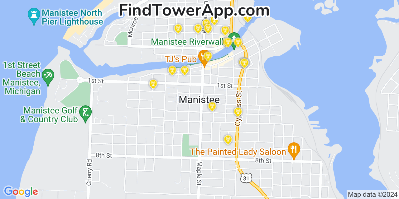 AT&T 4G/5G cell tower coverage map Manistee, Michigan