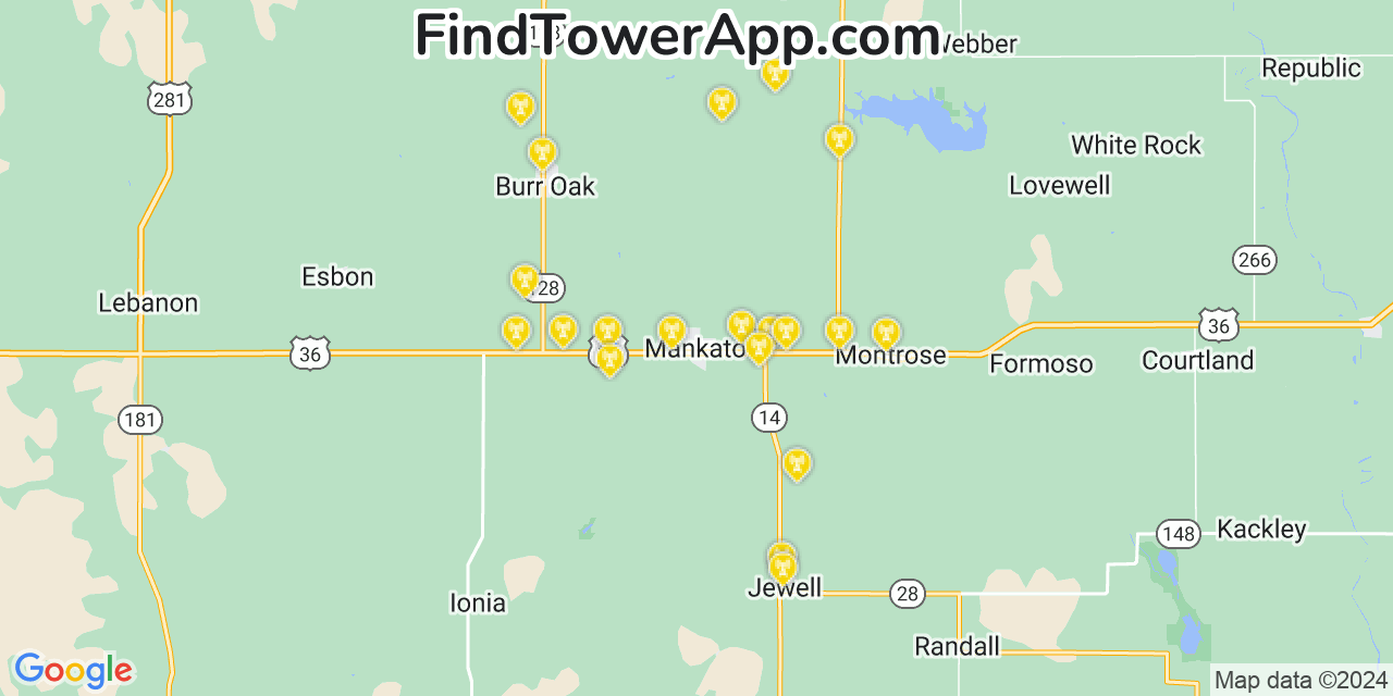 AT&T 4G/5G cell tower coverage map Mankato, Kansas