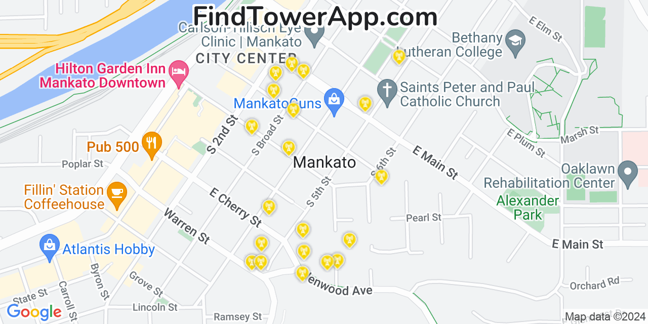 AT&T 4G/5G cell tower coverage map Mankato, Minnesota