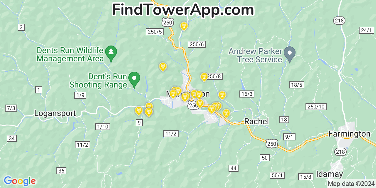 AT&T 4G/5G cell tower coverage map Mannington, West Virginia