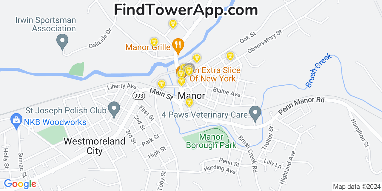 AT&T 4G/5G cell tower coverage map Manor, Pennsylvania