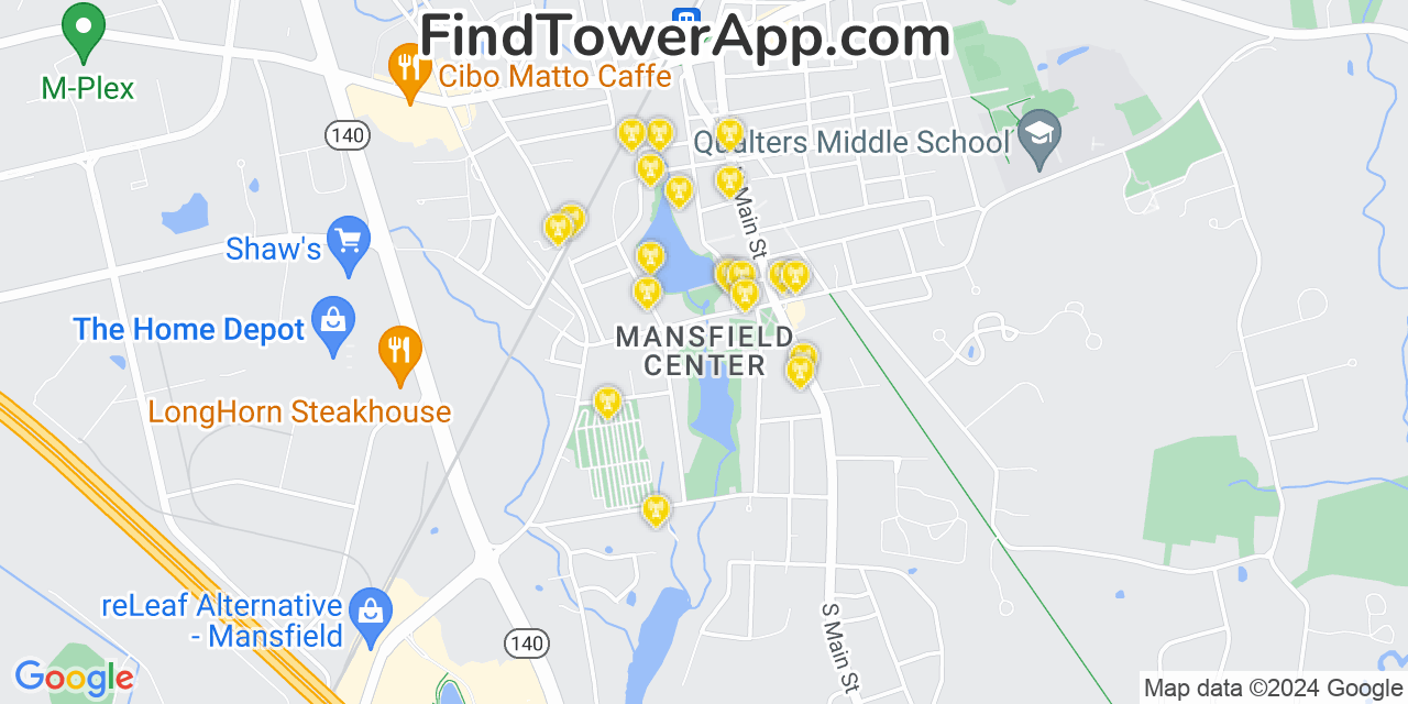 AT&T 4G/5G cell tower coverage map Mansfield Center, Massachusetts