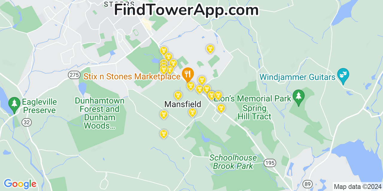 AT&T 4G/5G cell tower coverage map Mansfield City, Connecticut