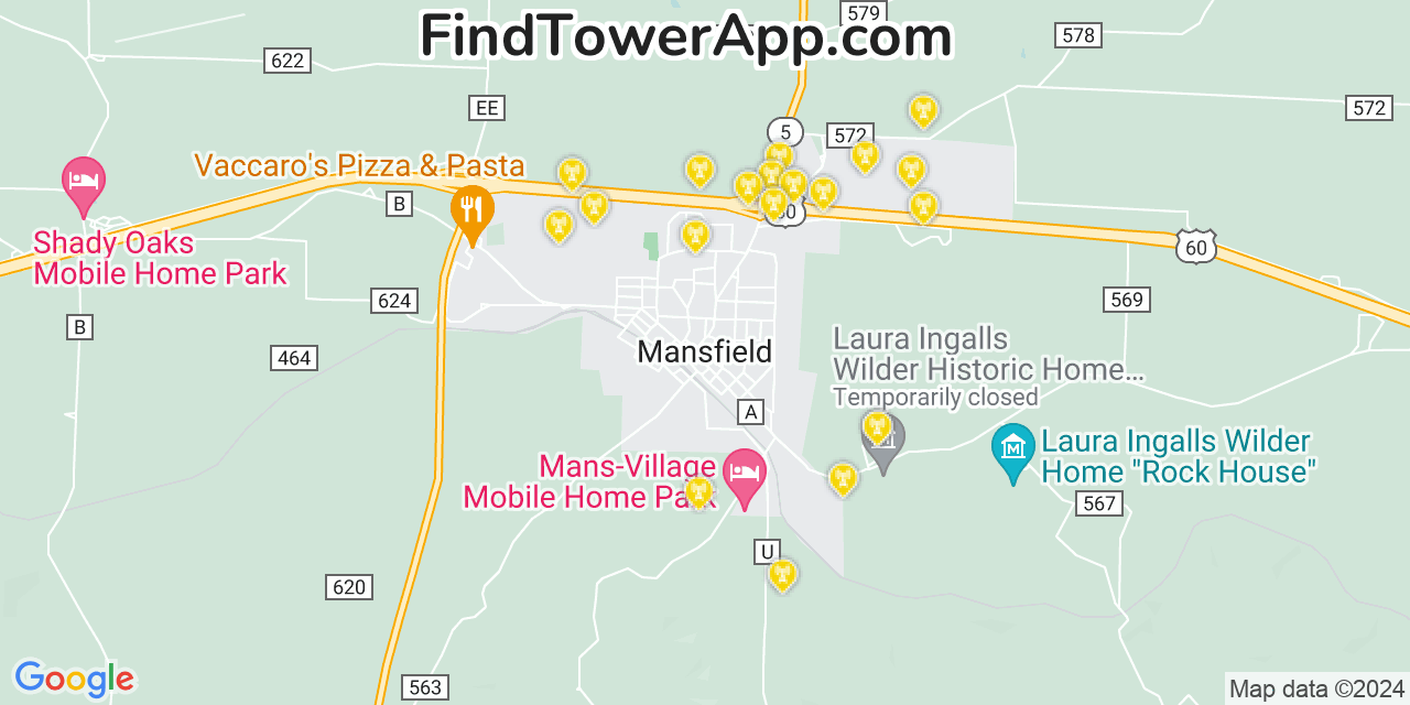 Verizon 4G/5G cell tower coverage map Mansfield, Missouri
