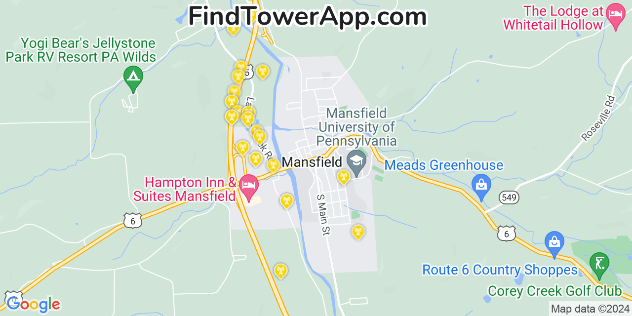 AT&T 4G/5G cell tower coverage map Mansfield, Pennsylvania