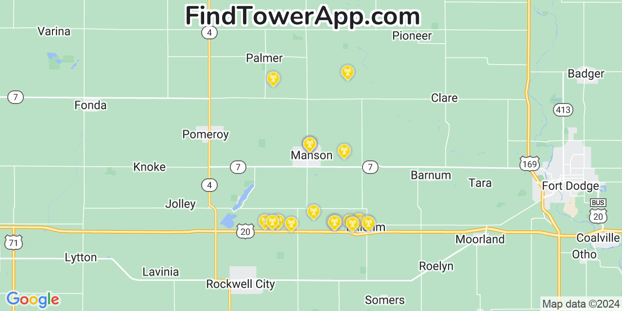 AT&T 4G/5G cell tower coverage map Manson, Iowa
