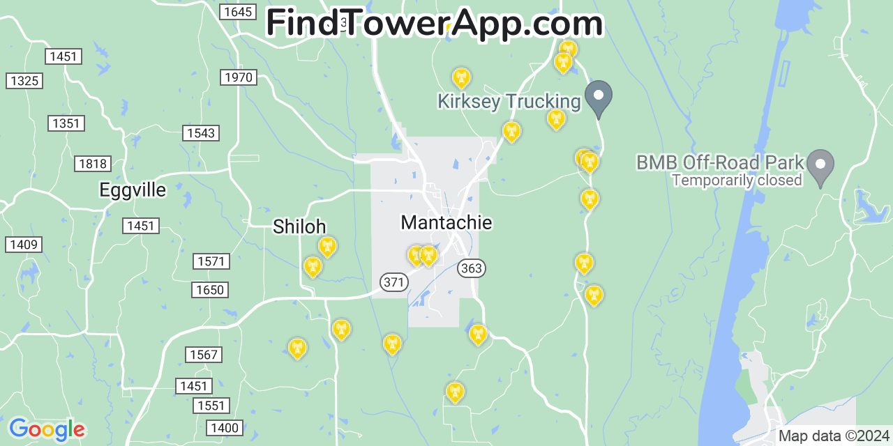 AT&T 4G/5G cell tower coverage map Mantachie, Mississippi