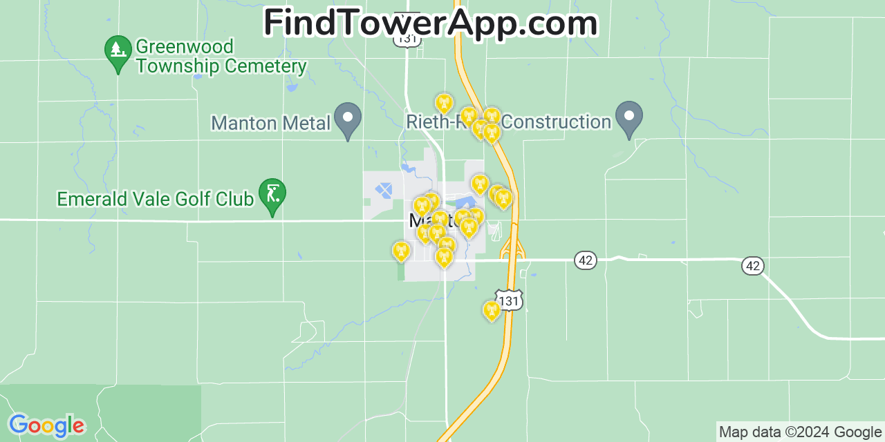 AT&T 4G/5G cell tower coverage map Manton, Michigan