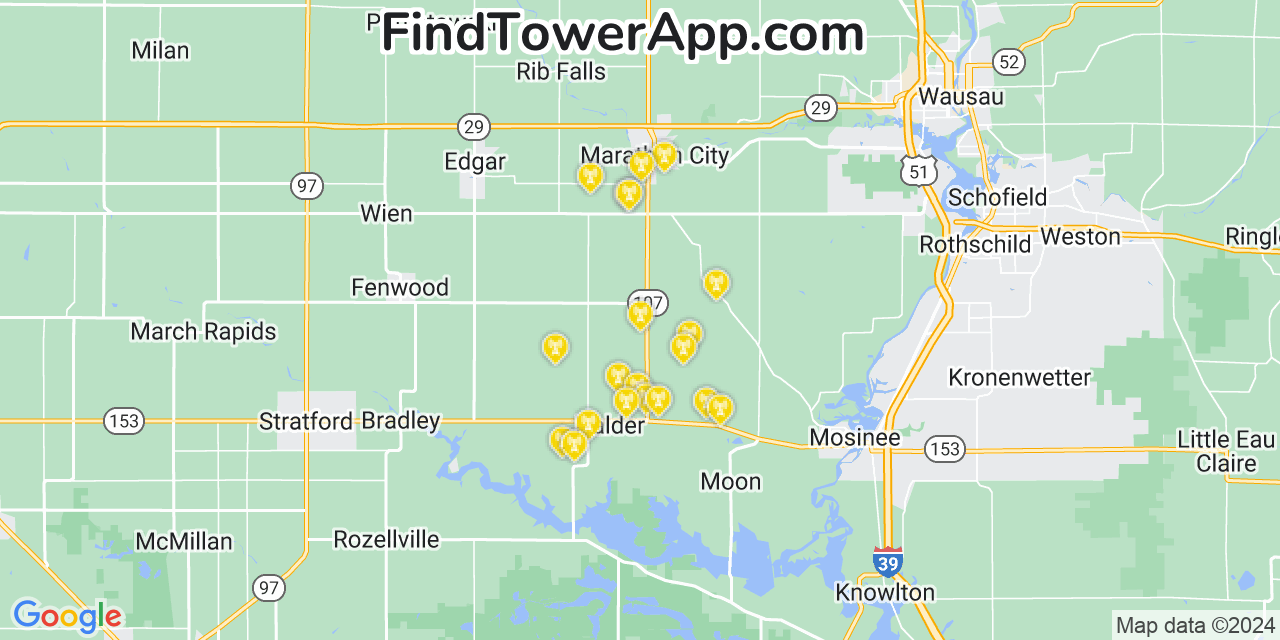 AT&T 4G/5G cell tower coverage map Marathon, Wisconsin