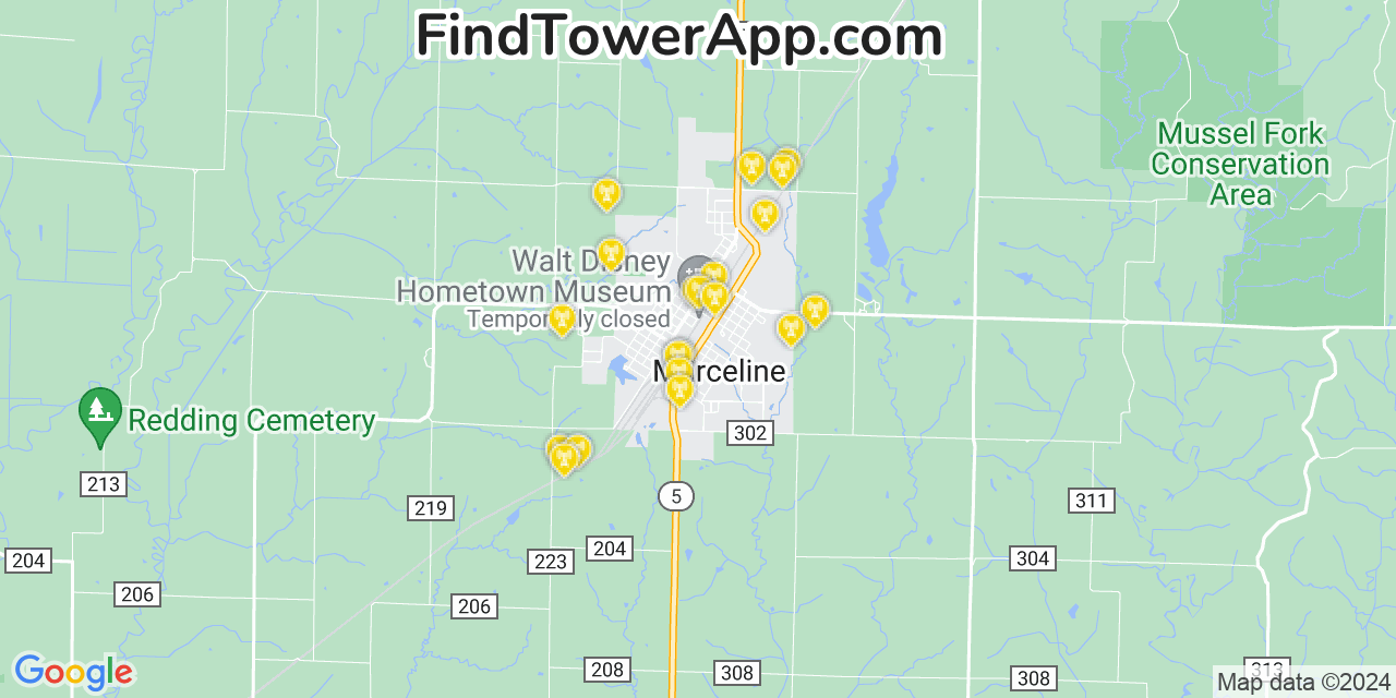 Verizon 4G/5G cell tower coverage map Marceline, Missouri