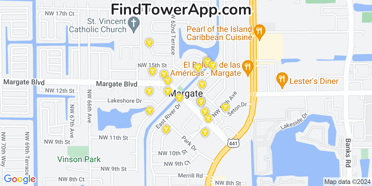 AT&T 4G/5G cell tower coverage map Margate, Florida