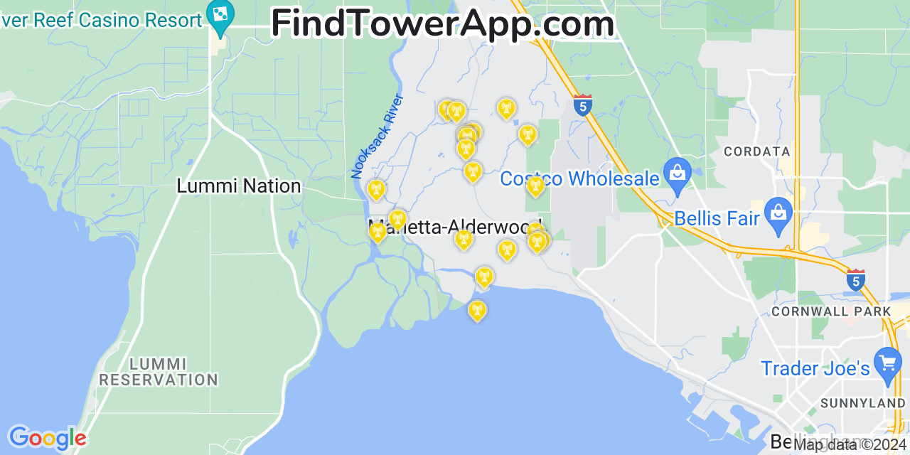 AT&T 4G/5G cell tower coverage map Marietta Alderwood, Washington