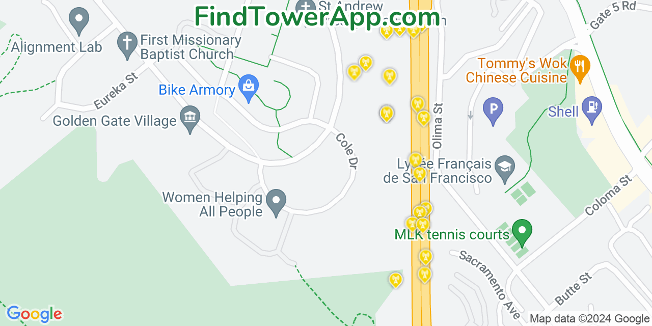 AT&T 4G/5G cell tower coverage map Marin City, California