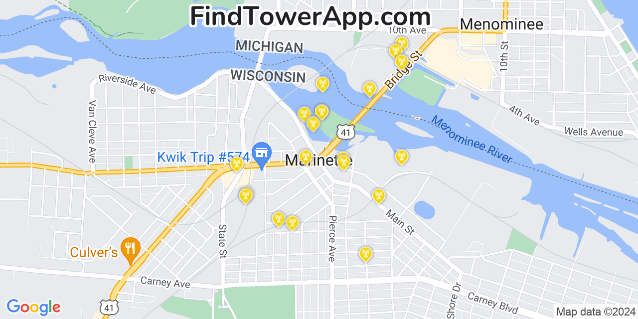 Verizon 4G/5G cell tower coverage map Marinette, Wisconsin