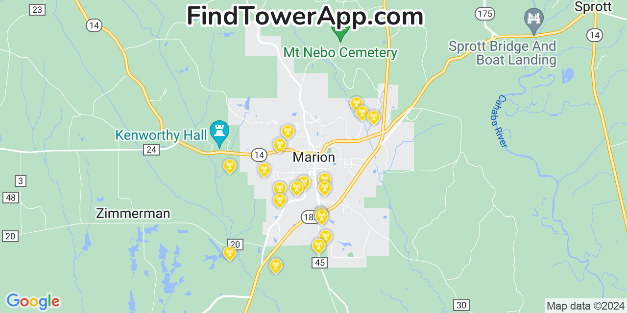 AT&T 4G/5G cell tower coverage map Marion, Alabama