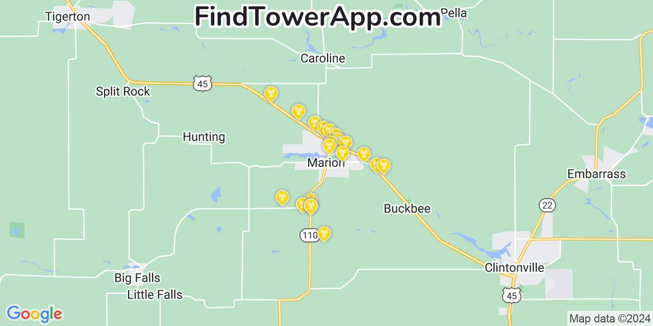 AT&T 4G/5G cell tower coverage map Marion, Wisconsin