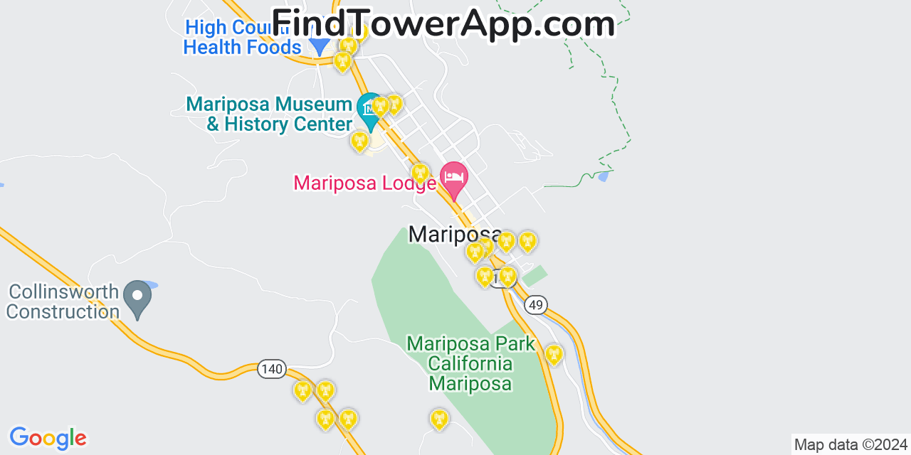 Verizon 4G/5G cell tower coverage map Mariposa, California
