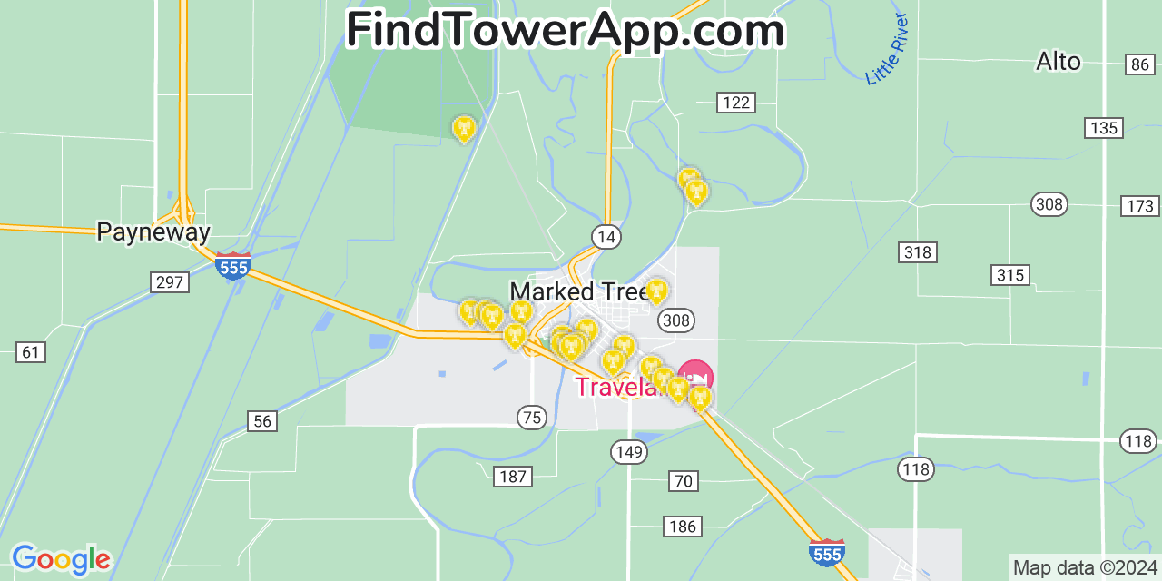 AT&T 4G/5G cell tower coverage map Marked Tree, Arkansas