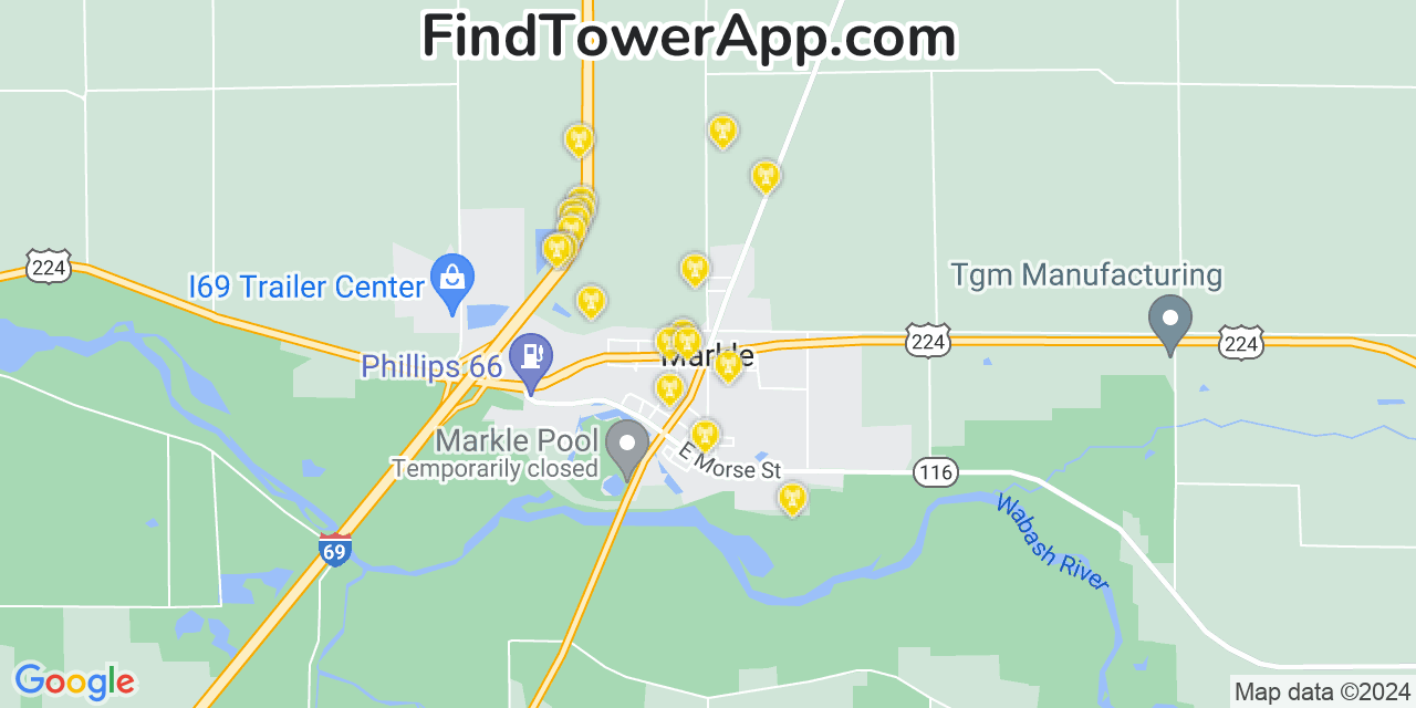 AT&T 4G/5G cell tower coverage map Markle, Indiana