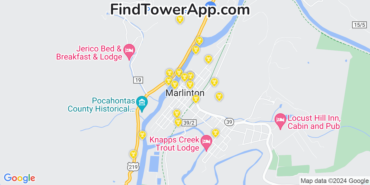 AT&T 4G/5G cell tower coverage map Marlinton, West Virginia