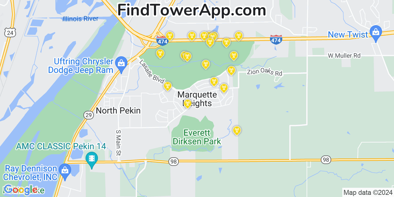AT&T 4G/5G cell tower coverage map Marquette Heights, Illinois