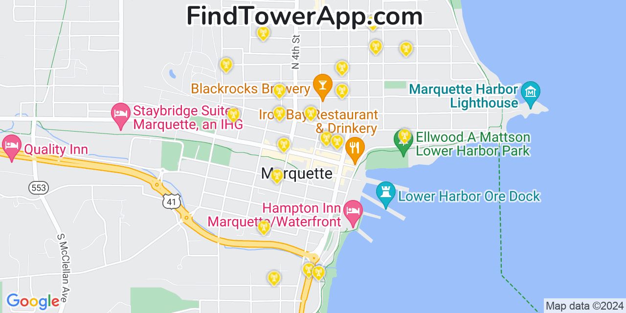 AT&T 4G/5G cell tower coverage map Marquette, Michigan