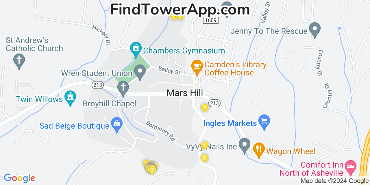 AT&T 4G/5G cell tower coverage map Mars Hill, North Carolina