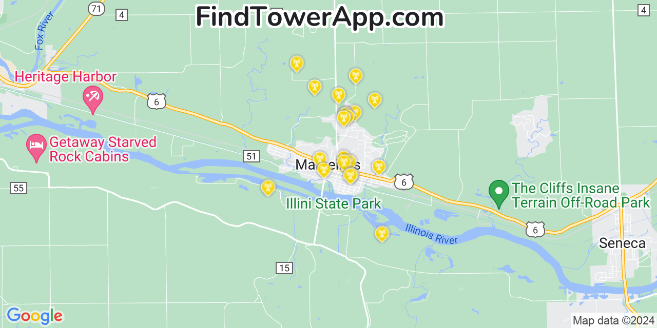AT&T 4G/5G cell tower coverage map Marseilles, Illinois
