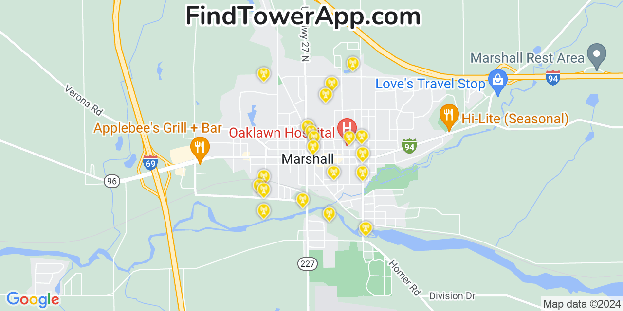 AT&T 4G/5G cell tower coverage map Marshall, Michigan