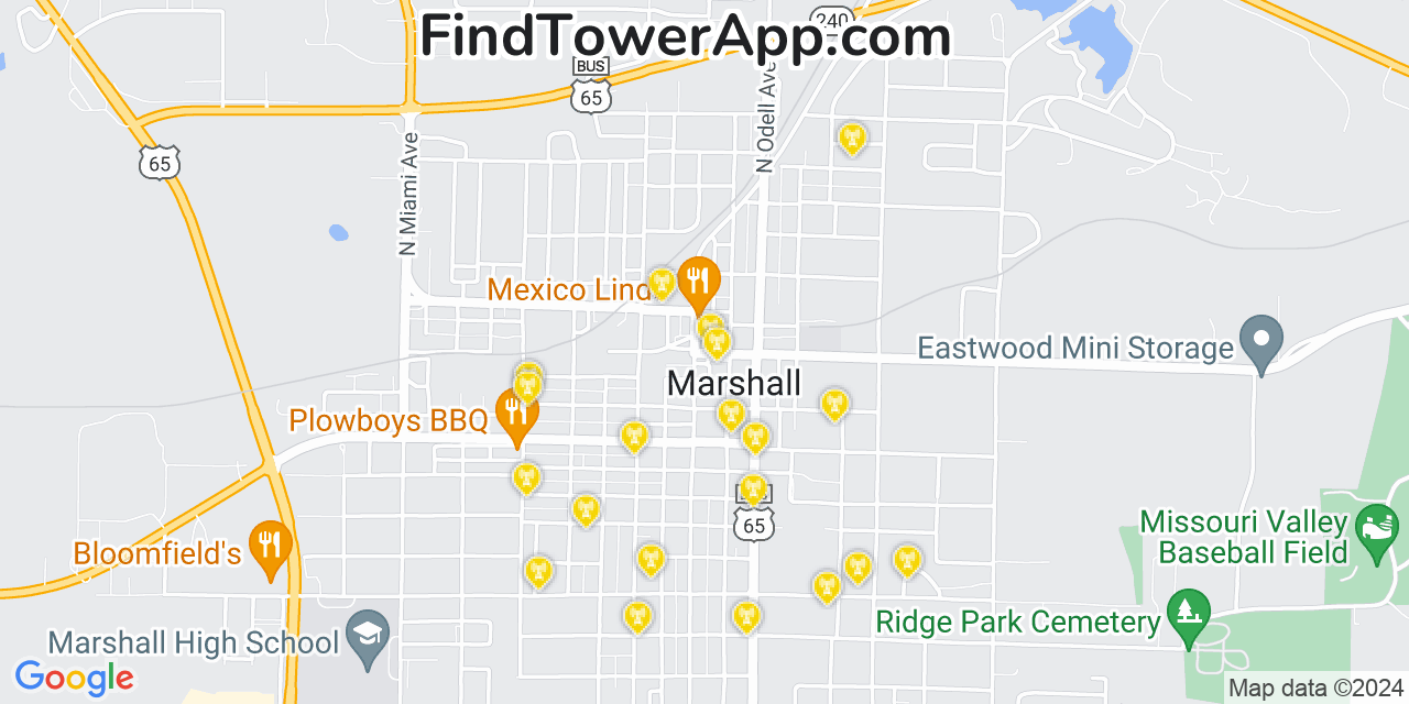 AT&T 4G/5G cell tower coverage map Marshall, Missouri