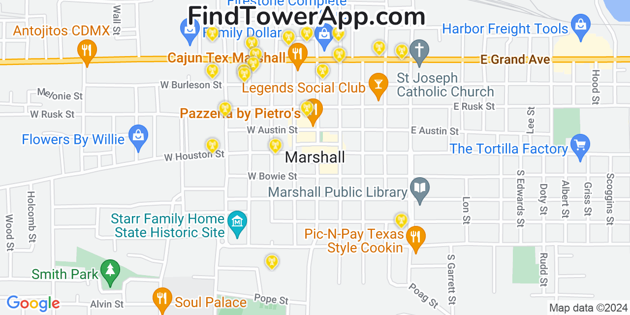 AT&T 4G/5G cell tower coverage map Marshall, Texas