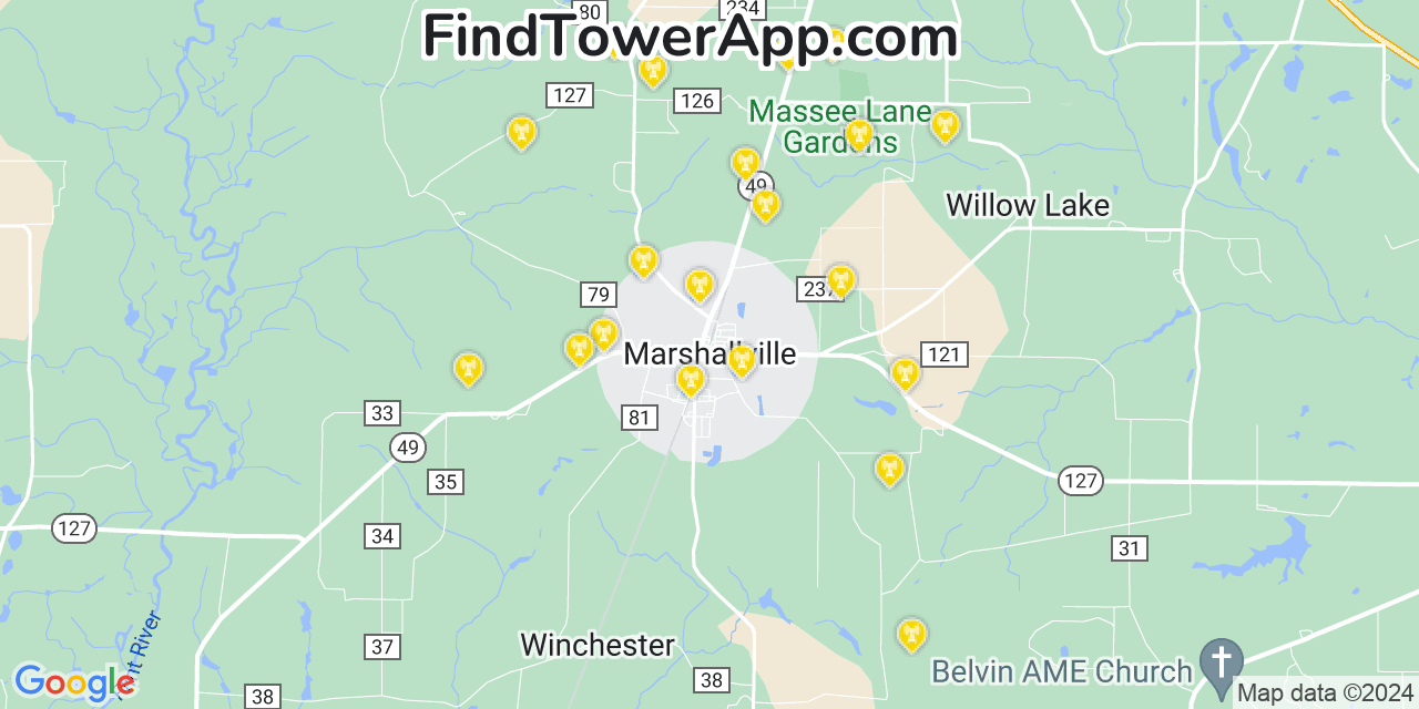 AT&T 4G/5G cell tower coverage map Marshallville, Georgia