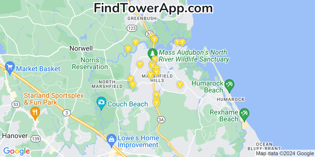 AT&T 4G/5G cell tower coverage map Marshfield Hills, Massachusetts