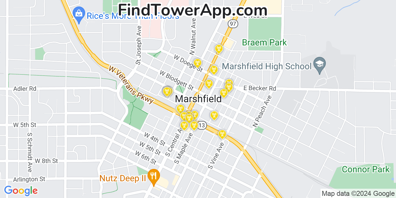 AT&T 4G/5G cell tower coverage map Marshfield, Wisconsin